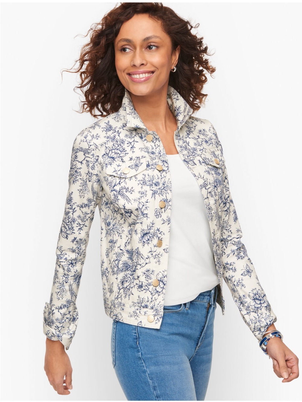 Talbots Plus 2X White and Navy Classic Stretch Denim Jacket Bird Toile - Picture 12 of 13